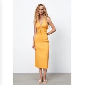 ZARA Linen Blend Cut Out Halter Midi Slit Tangerine Dress - Size L (fits like M)